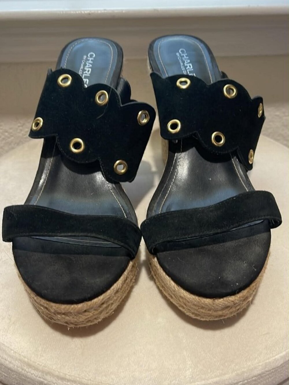 Charles by Charles David Wedge Espadrille Sandals Black Suede with Grommets Sz11 - Picture 5 of 6
